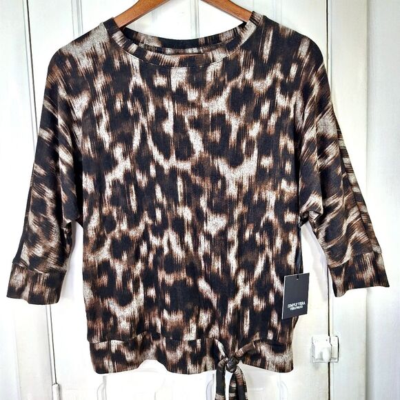 NWT Simply Vera Wang Leopard Print Top with 3/4 Sleeves & Tie Sash Sz XS - Picture 1 of 9